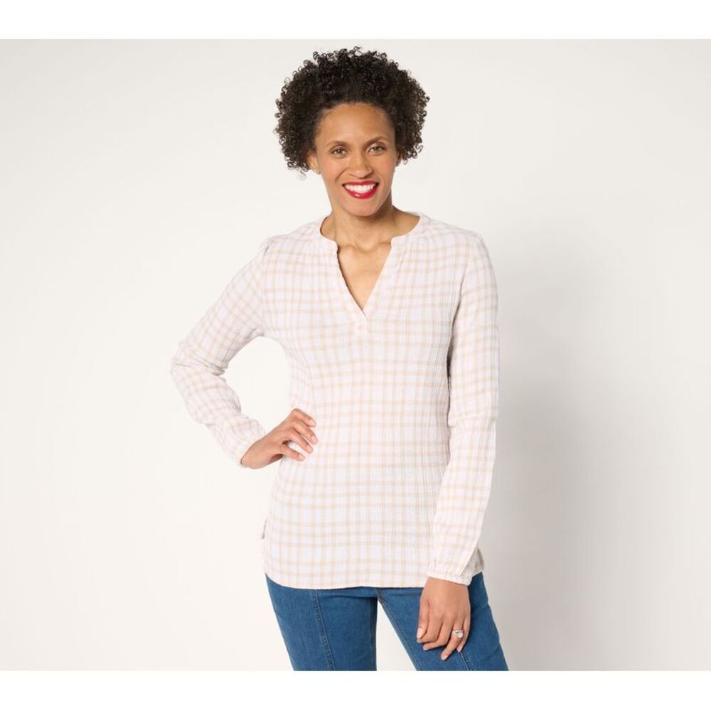 Belle by Kim Gravel Women's Top Plus Sz 2X Pucker Perfect Plaid White A679824